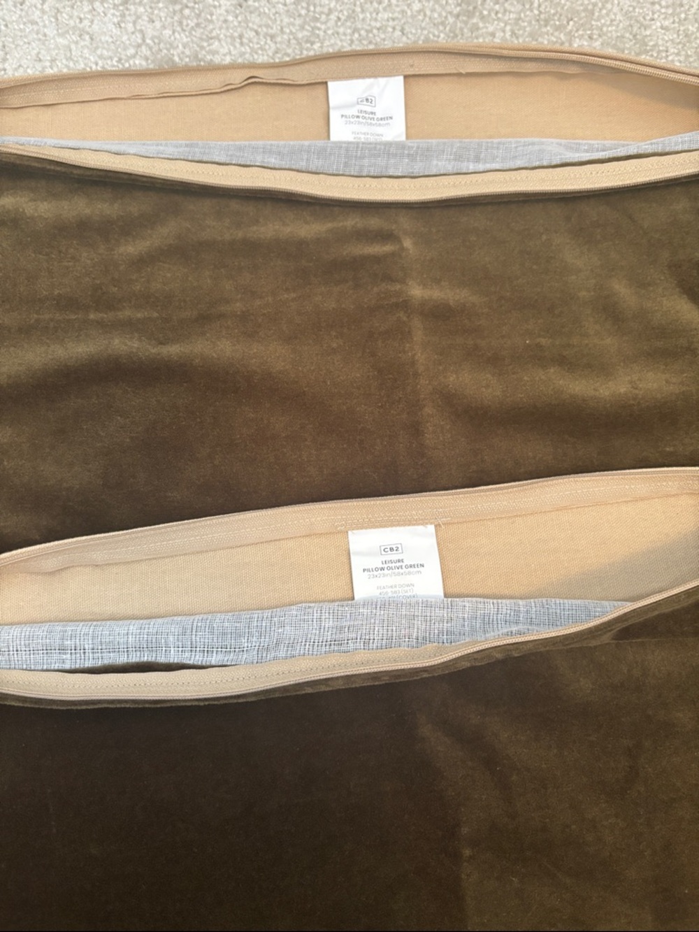 CB2 Leisurw Pillow Olive Green Velvet Pillow Covers - Set of 2 (Brand New) 23x23 - Picture 5 of 5
